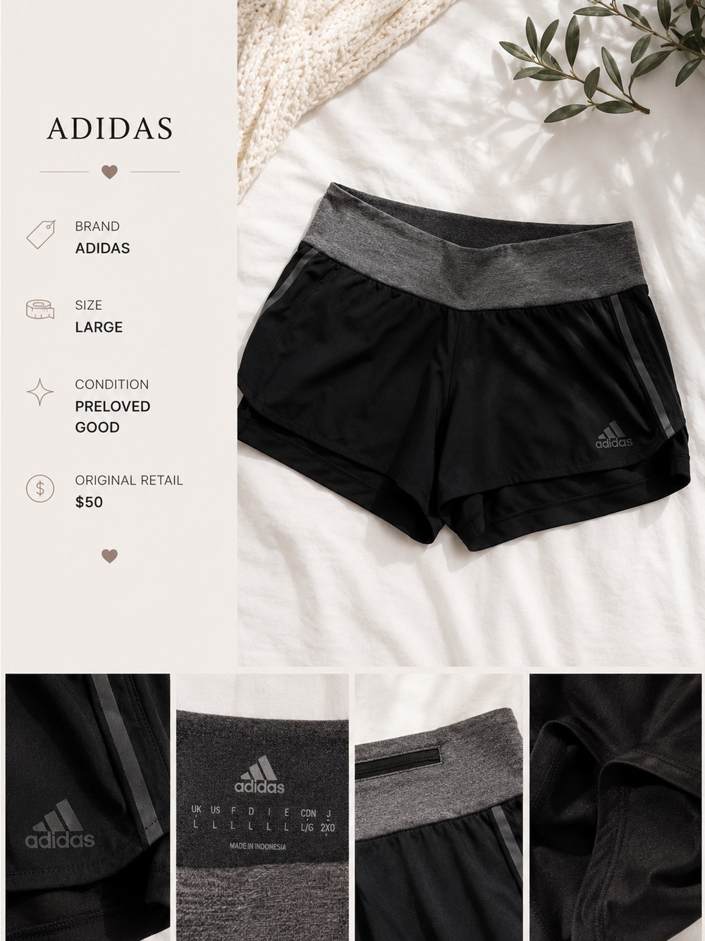 adidas Black Athletic Shorts with Gray Waistband